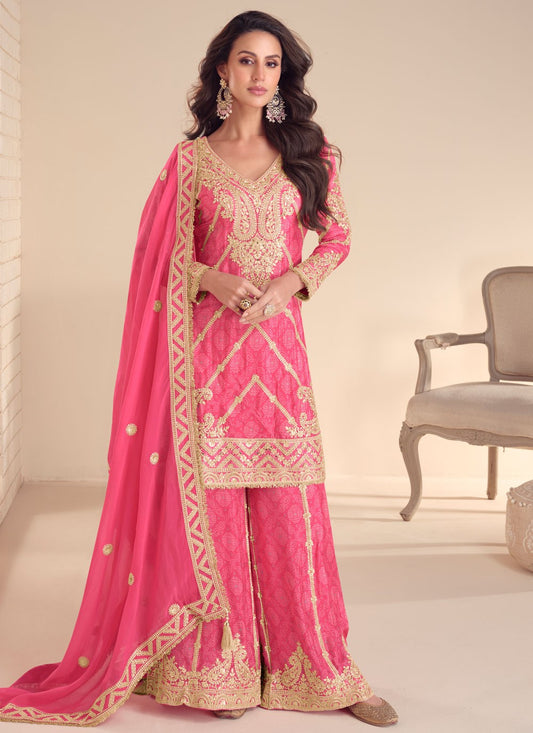 Palazzo Suit Digital Print, Embroidered, Sequins, Zari Pink T8133