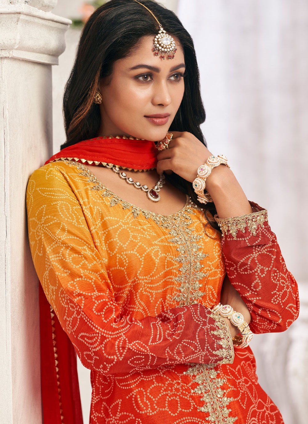 Digital Print Chinon Orange Salwar Suit T6082