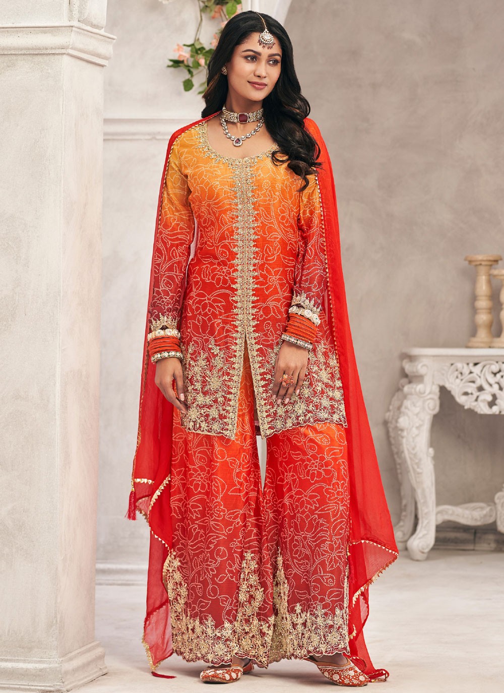 Digital Print Chinon Orange Salwar Suit T6082