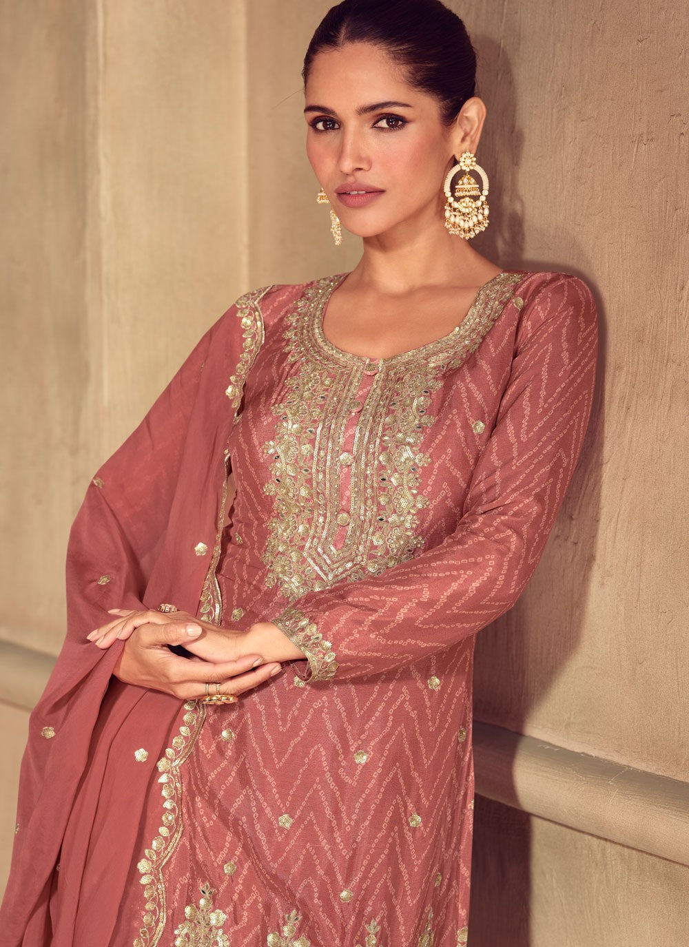 Palazzo Suit Embroidered, Printed, Sequins, Zari Pink T7786