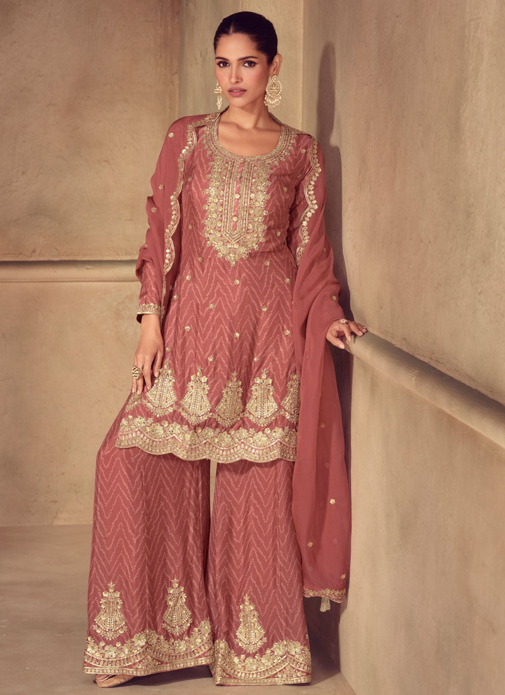 Palazzo Suit Embroidered, Printed, Sequins, Zari Pink T7786