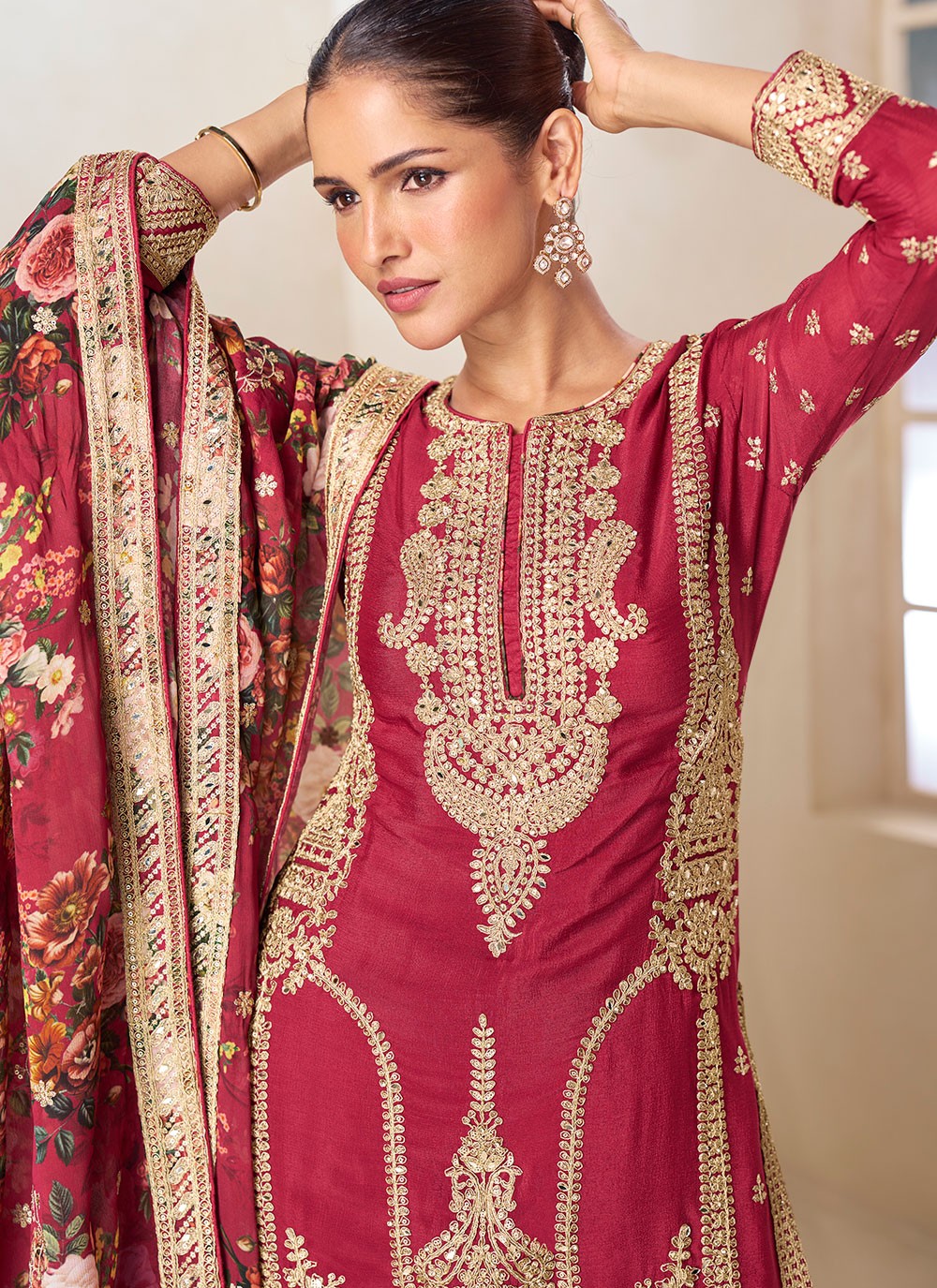 Palazzo Suit Embroidered, Mirror, Zari Crimson T7930