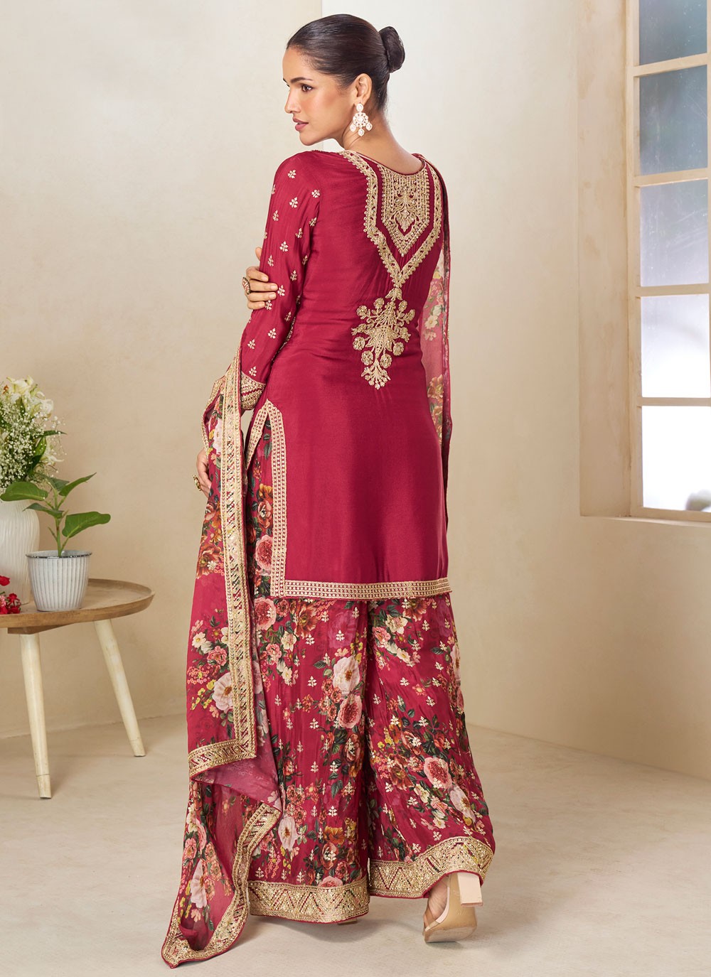 Palazzo Suit Embroidered, Mirror, Zari Crimson T7930