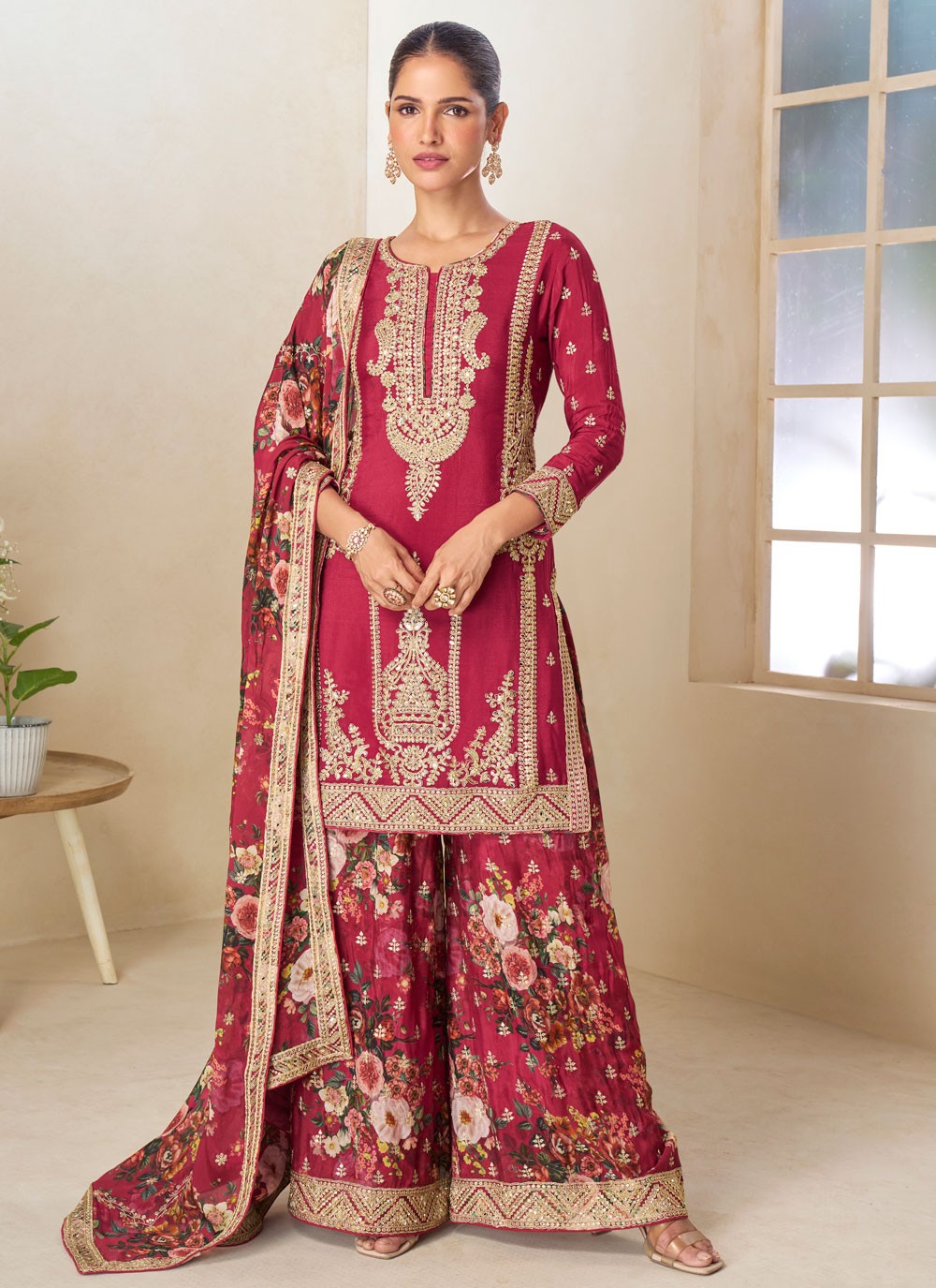Palazzo Suit Embroidered, Mirror, Zari Crimson T7930