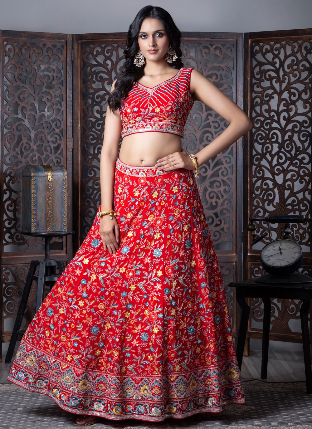 Embroidered Chinon Red Lehenga Choli L3718