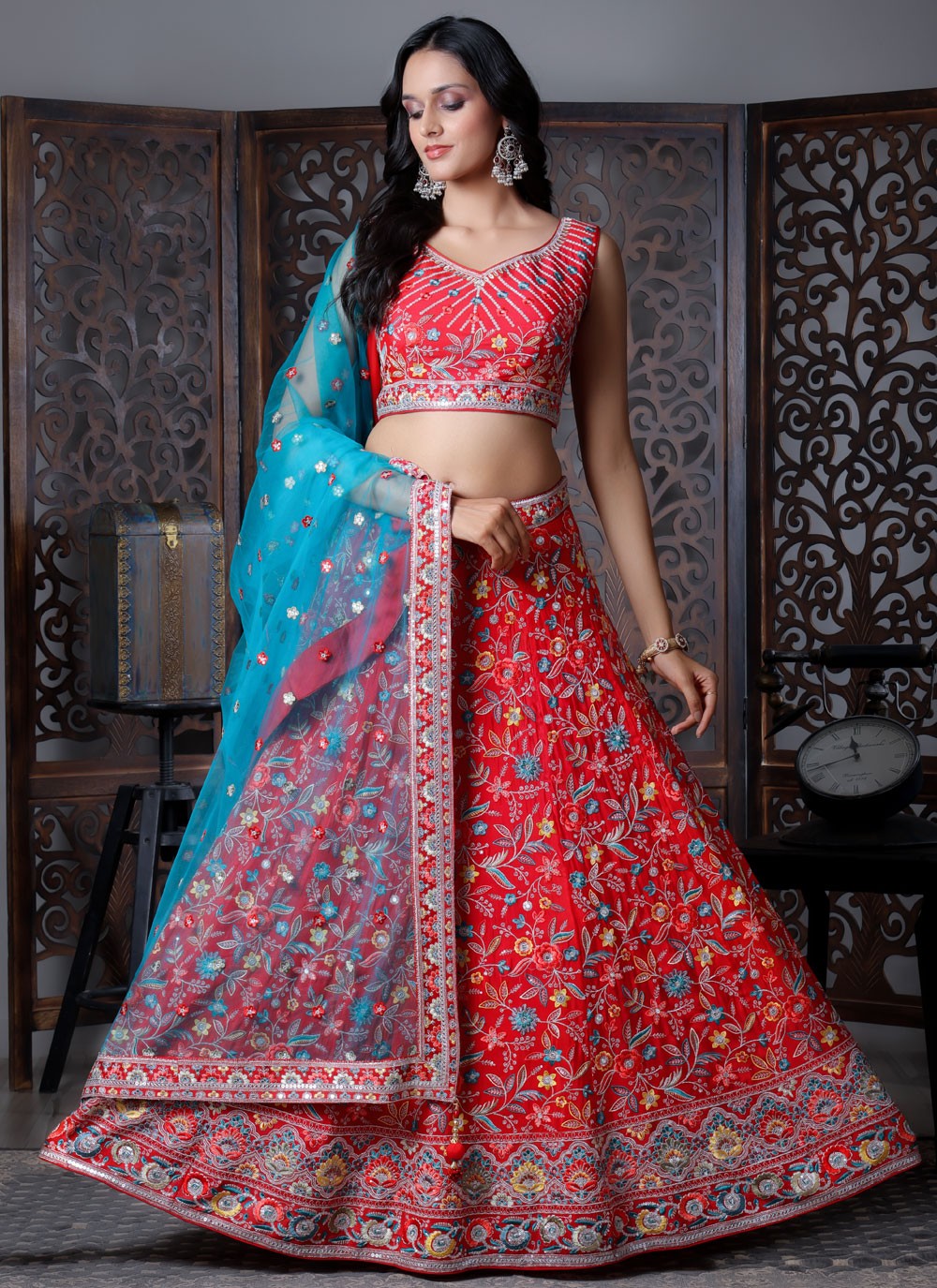 Embroidered Chinon Red Lehenga Choli L3718