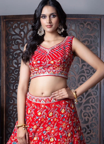 Embroidered Chinon Red Lehenga Choli L3718