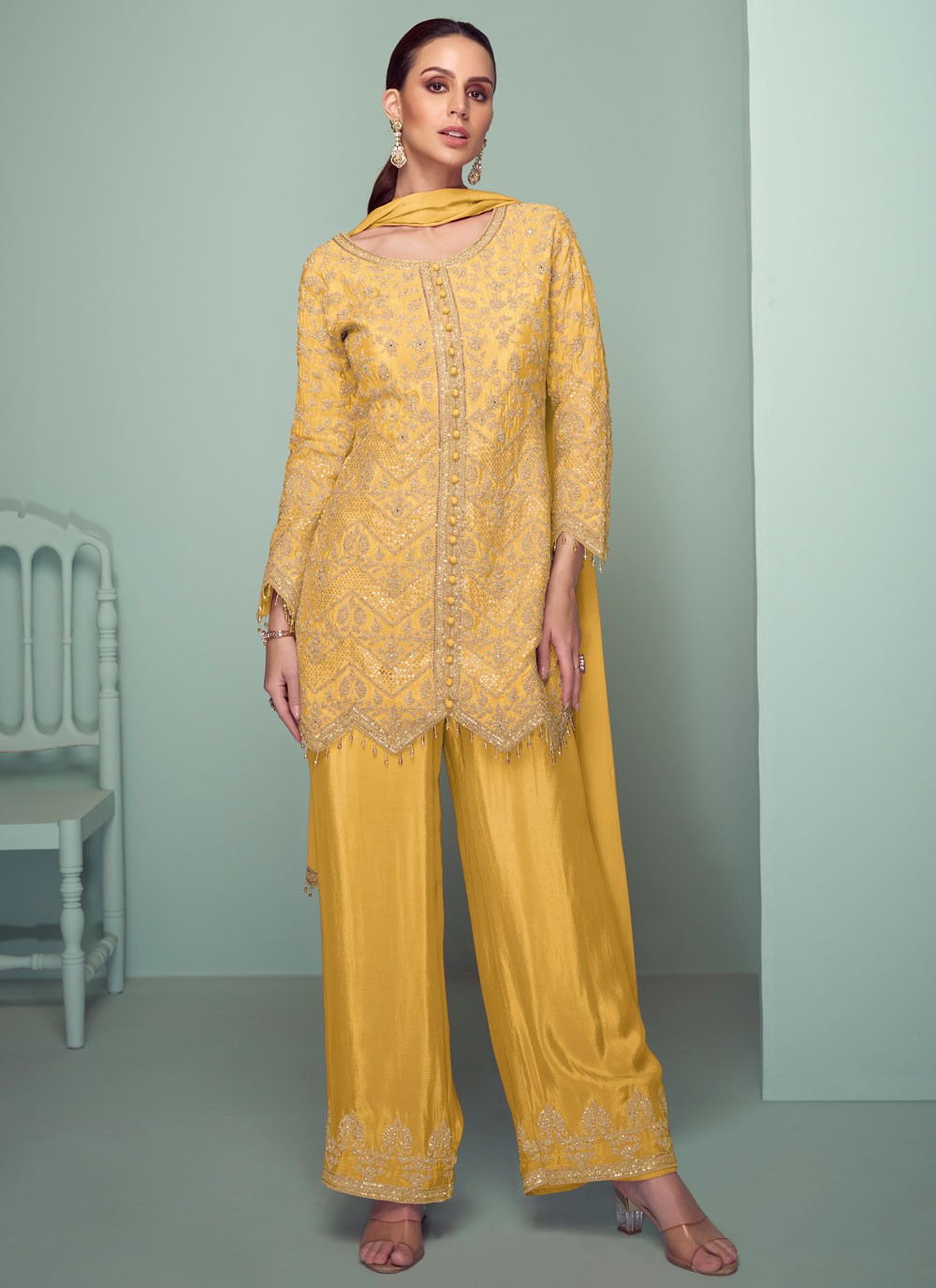 Palazzo Suit Embroidered, Sequins, Zari Yellow T7374
