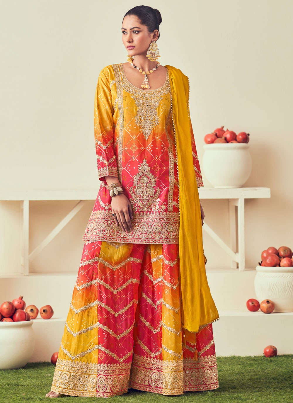 Salwar Suit Embroidered Yellow Chinon T5310
