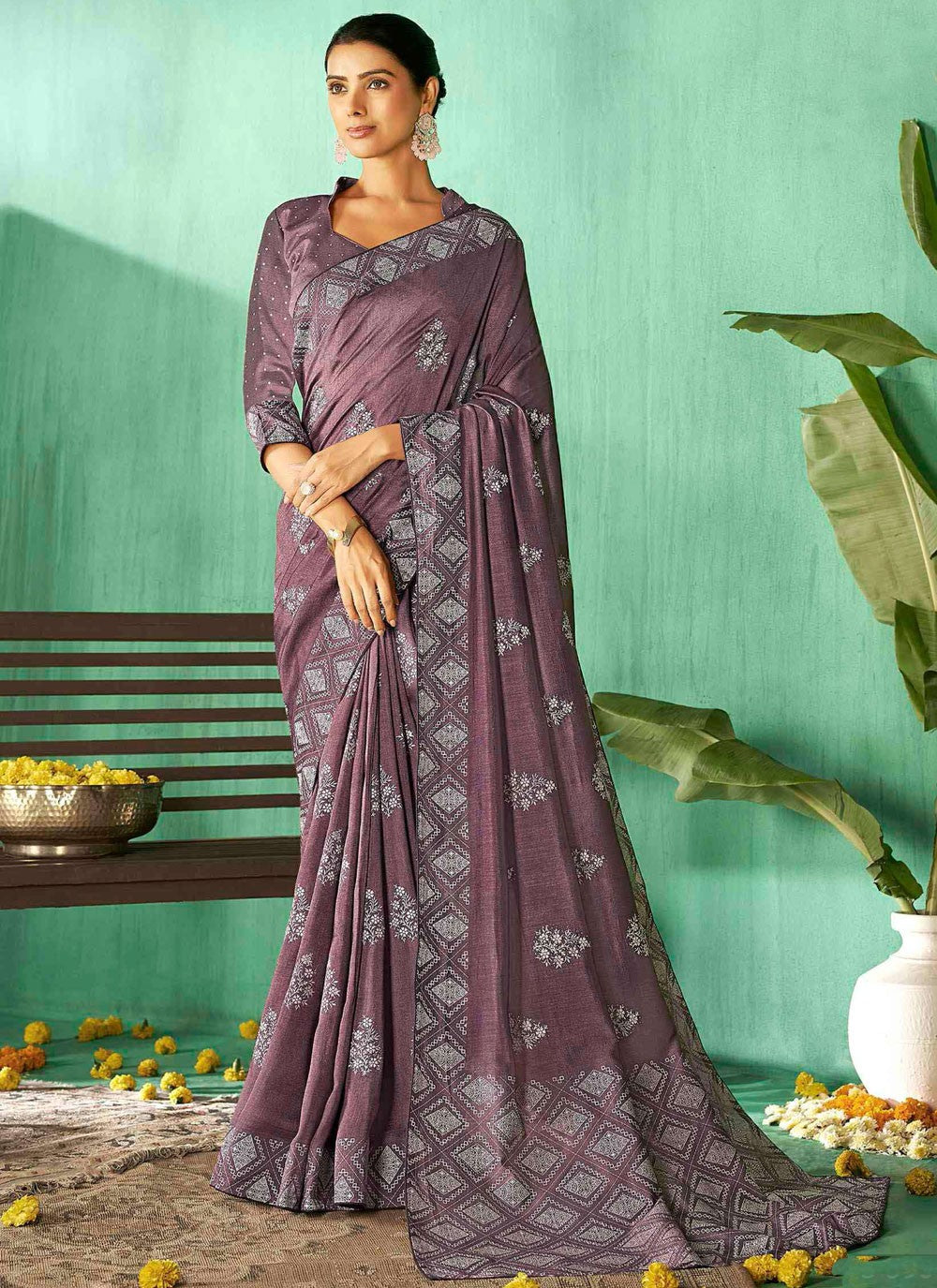 Classic Saree Abstract Print Brown Silk Saree S13221