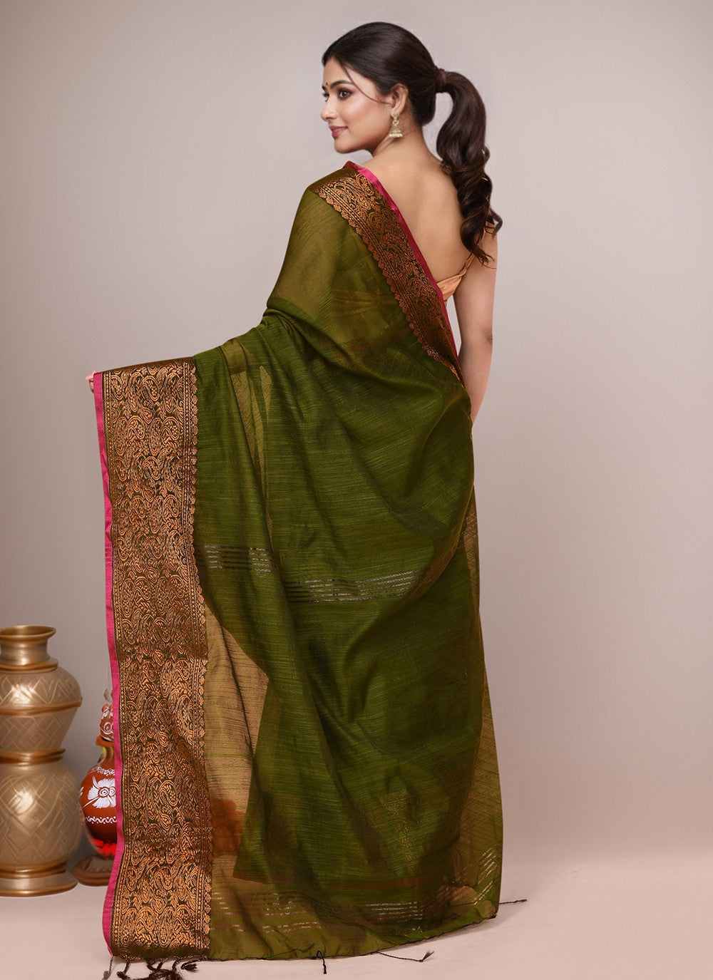 Green Blended Cotton Classic Saree Border Work S20012