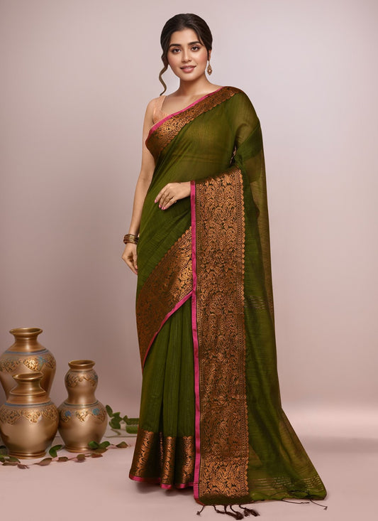 Green Blended Cotton Classic Saree Border Work S20012