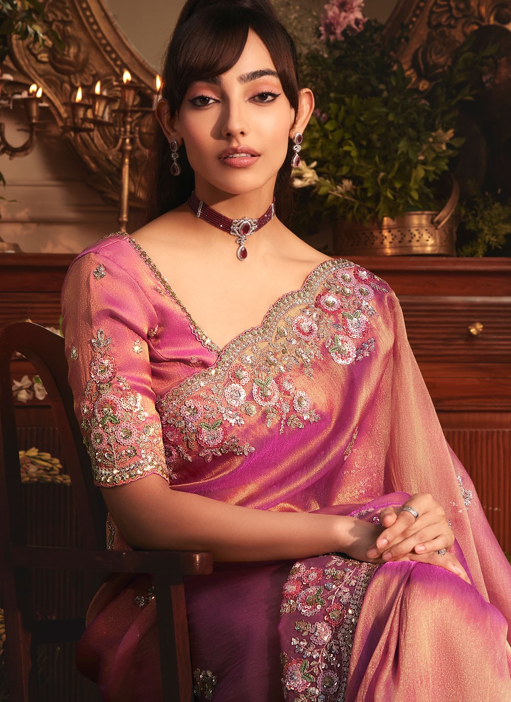 Pink Organza Classic Saree Border Work, Cut Work, Embroidered, Sequins, Zari S19402