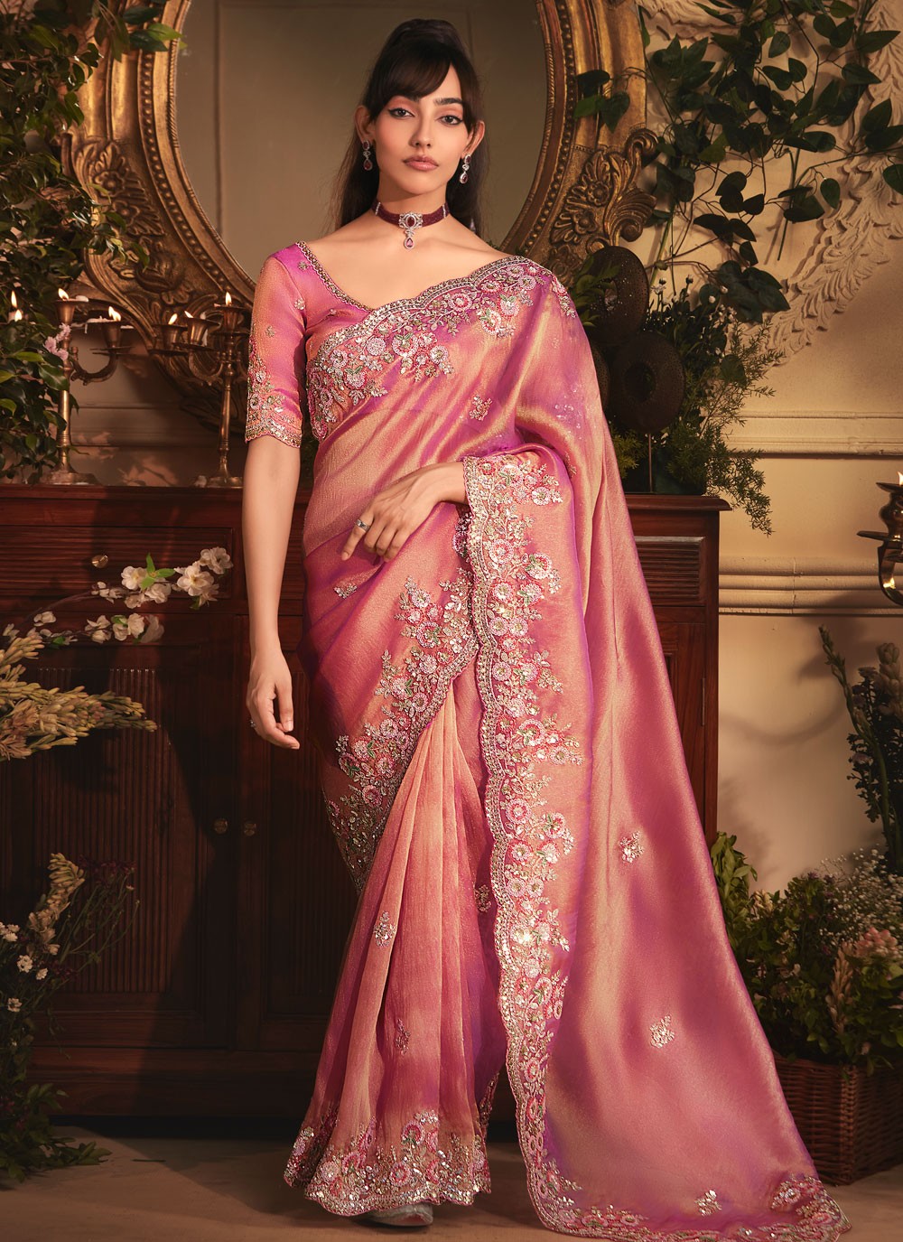 Pink Organza Classic Saree Border Work, Cut Work, Embroidered, Sequins, Zari S19402