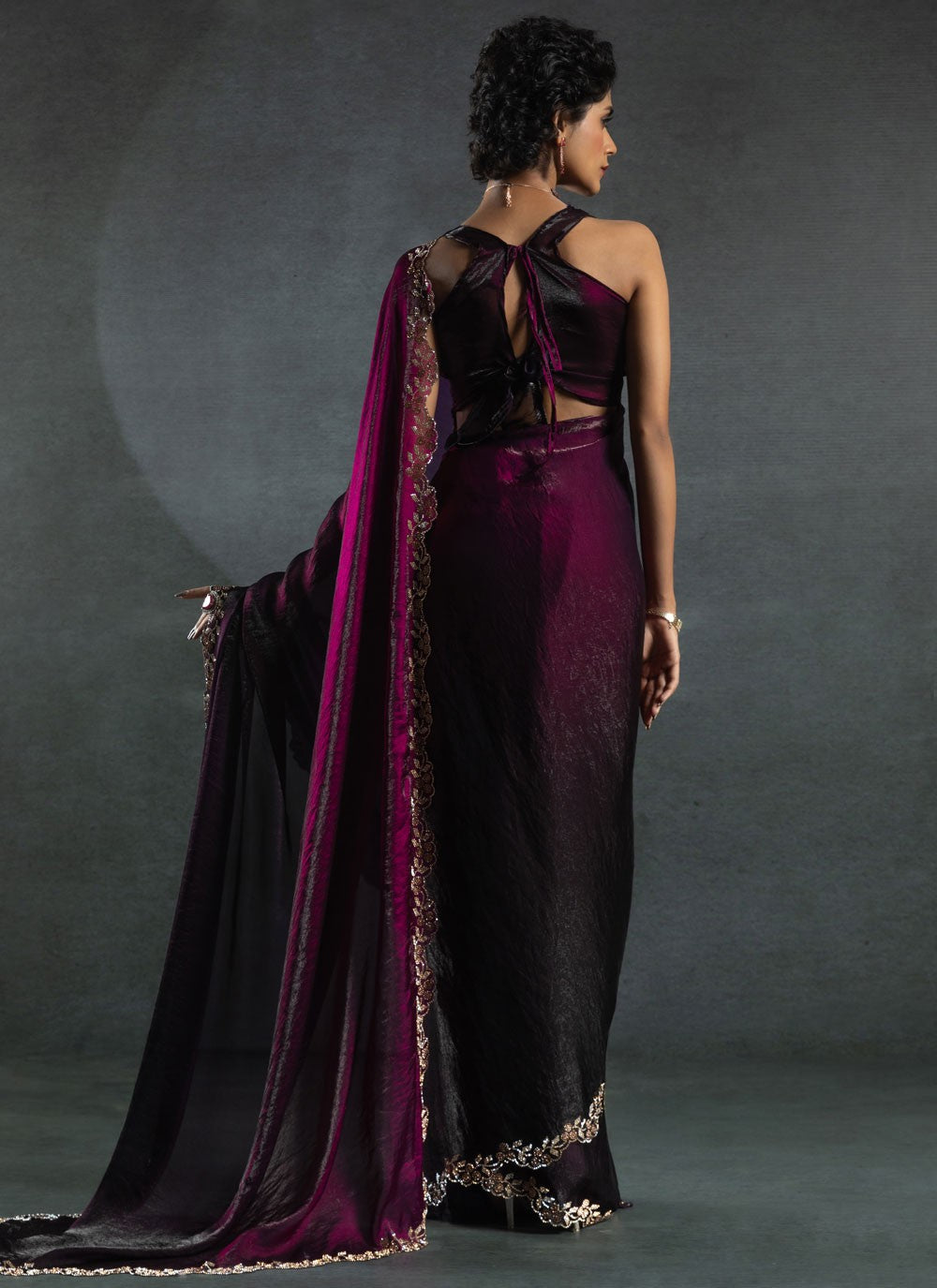 Border Work Satin Silk Purple Saree S14815
