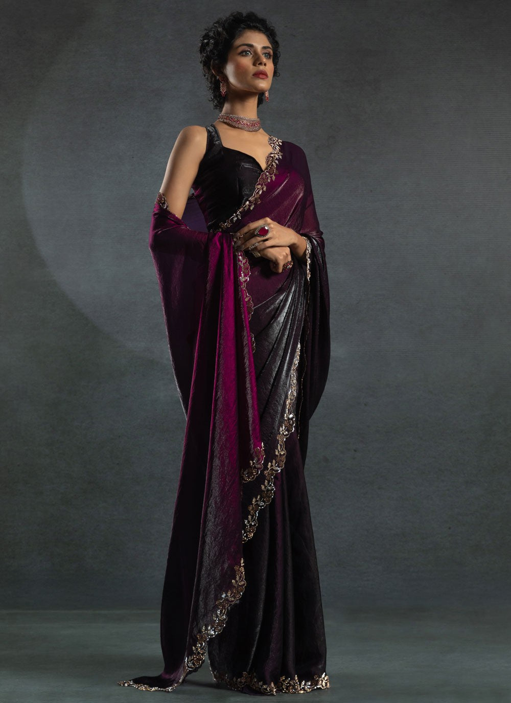 Border Work Satin Silk Purple Saree S14815