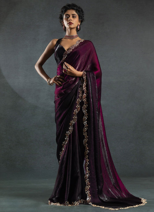 Border Work Satin Silk Purple Saree S14815