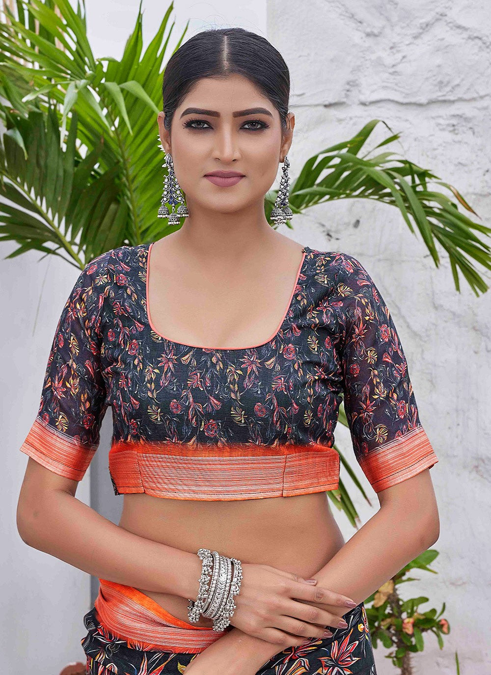 Classic Digital Print Linen Saree - S9004
