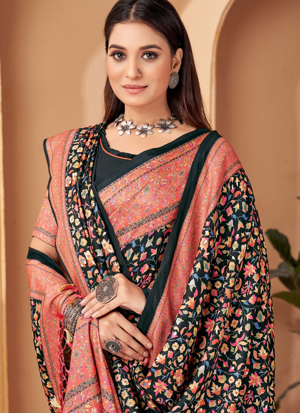 Classic Digital Print Pashmina Saree - S4302