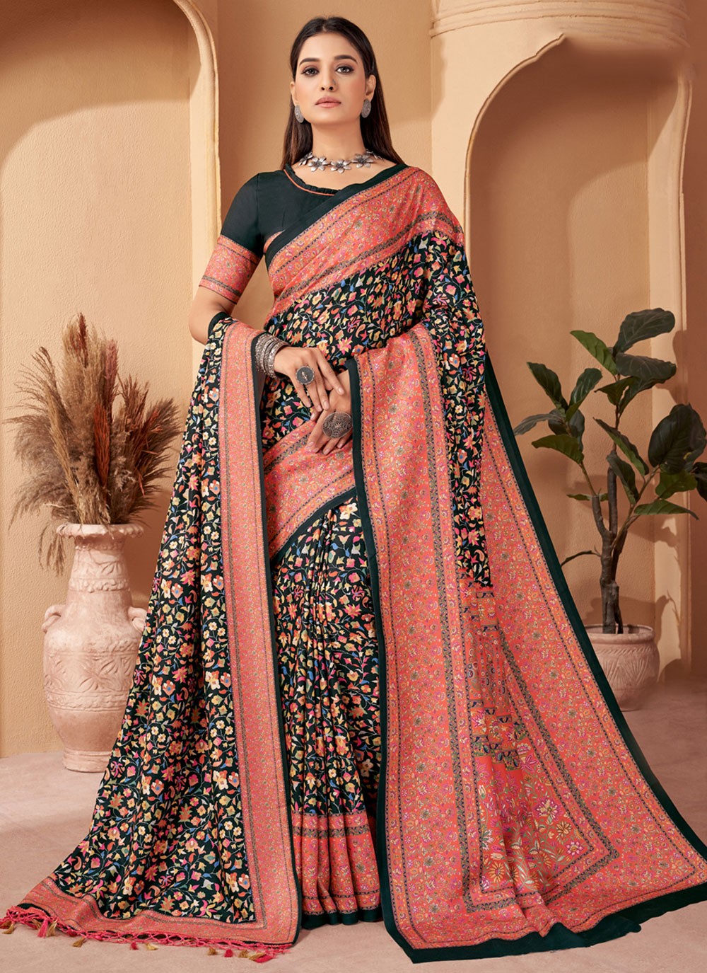 Classic Digital Print Pashmina Saree - S4302