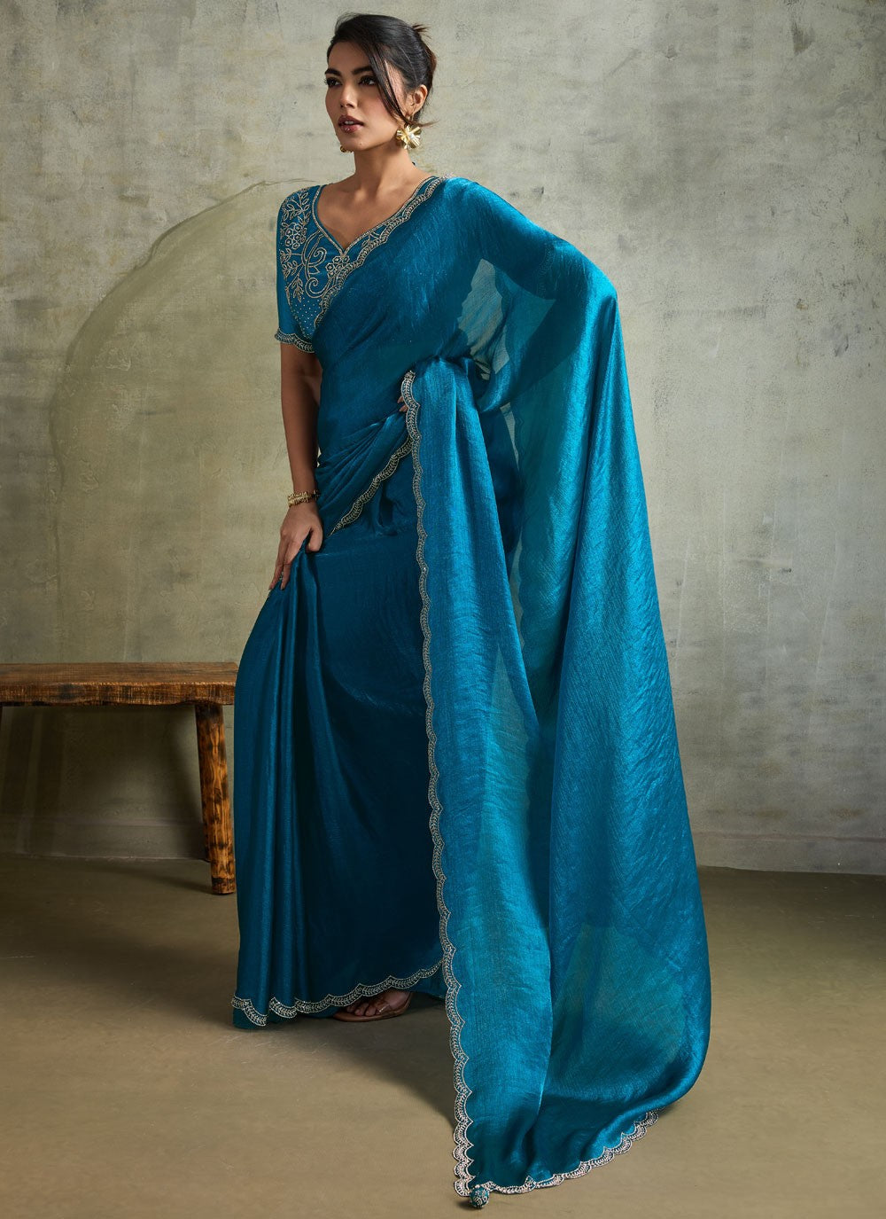 Aqua Blue Chiffon Classic Saree Embroidered S19822