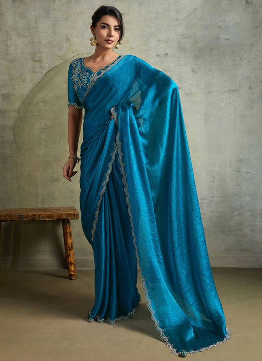 Aqua Blue Chiffon Classic Saree Embroidered S19822