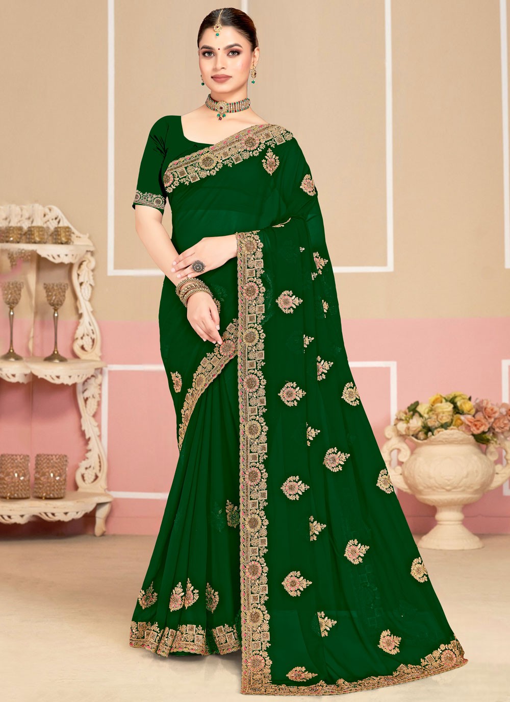 Green Georgette Classic Saree Cord, Embroidered S19978