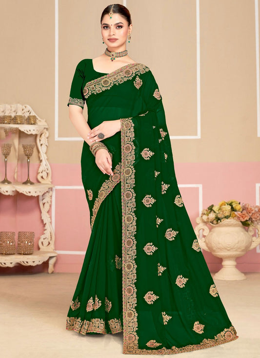 Green Georgette Classic Saree Cord, Embroidered S19978