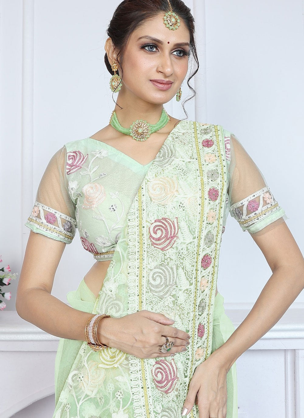 Classic Aari Work Net Saree - S8371
