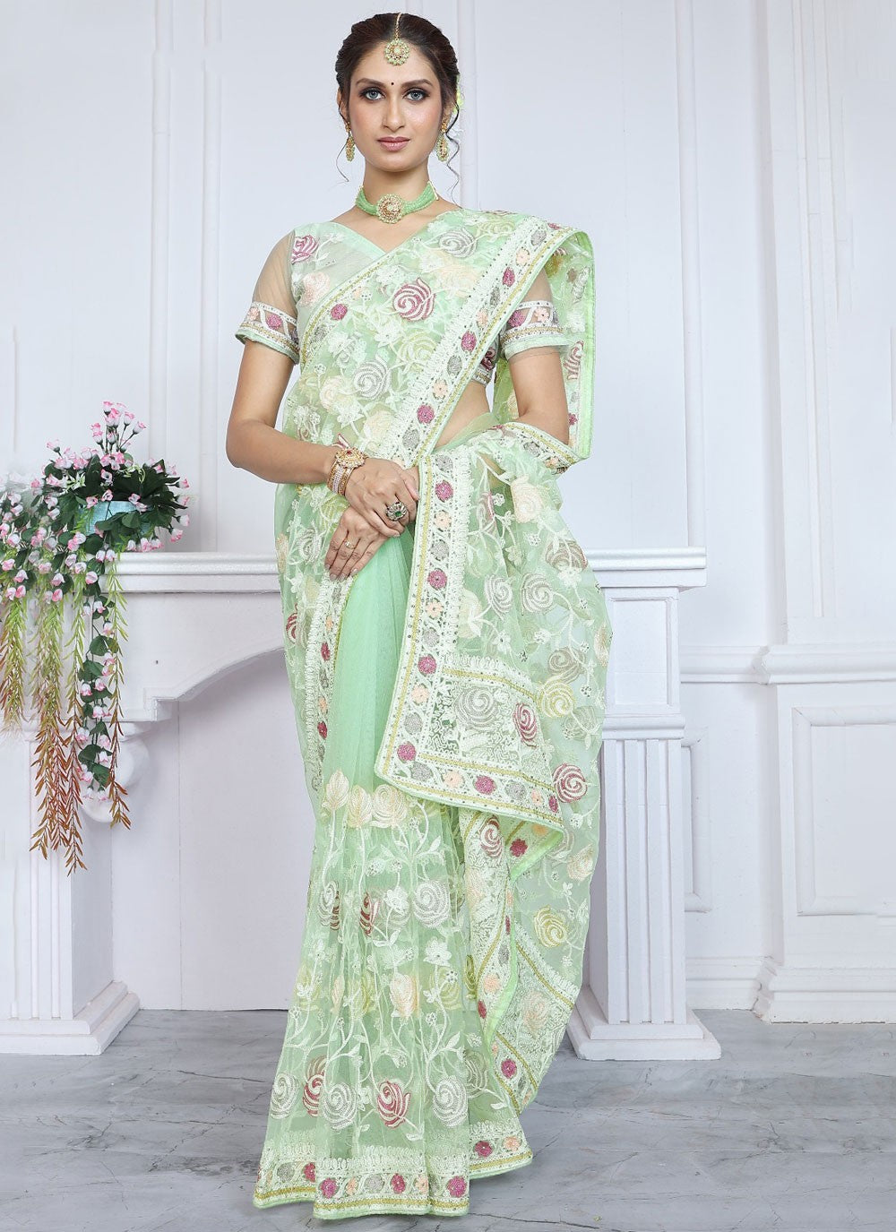 Classic Aari Work Net Saree - S8371