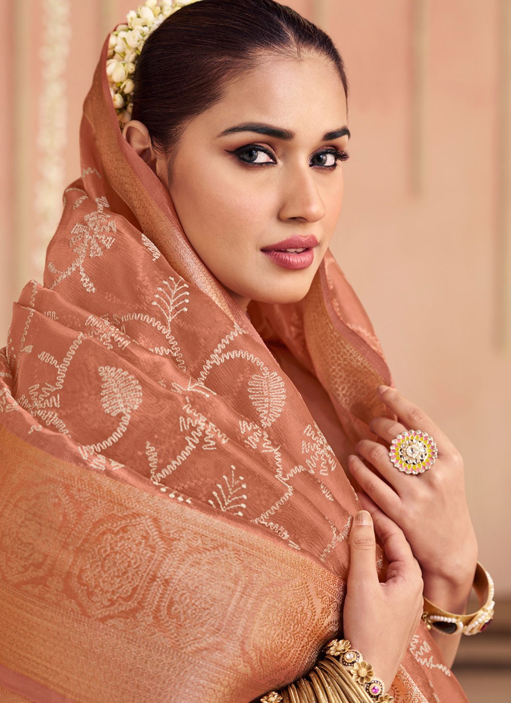 Classic Saree Floral Printed Rust Organza Saree S12673