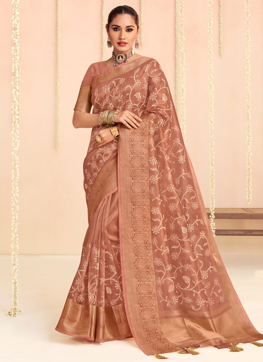 Classic Saree Floral Printed Rust Organza Saree S12673