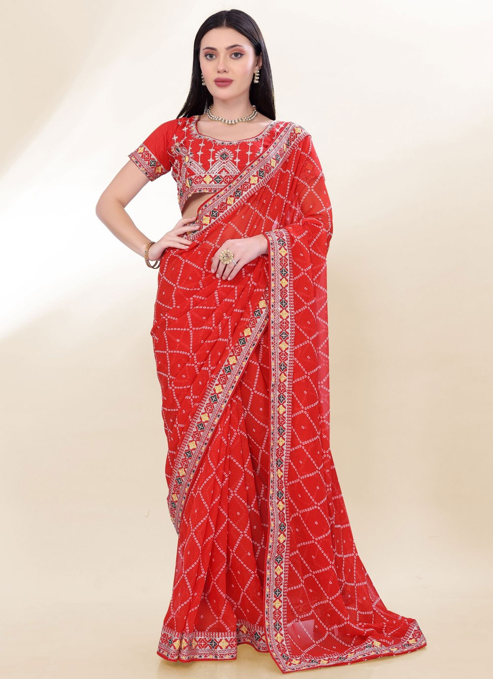 Border Work Georgette Red Saree S13816