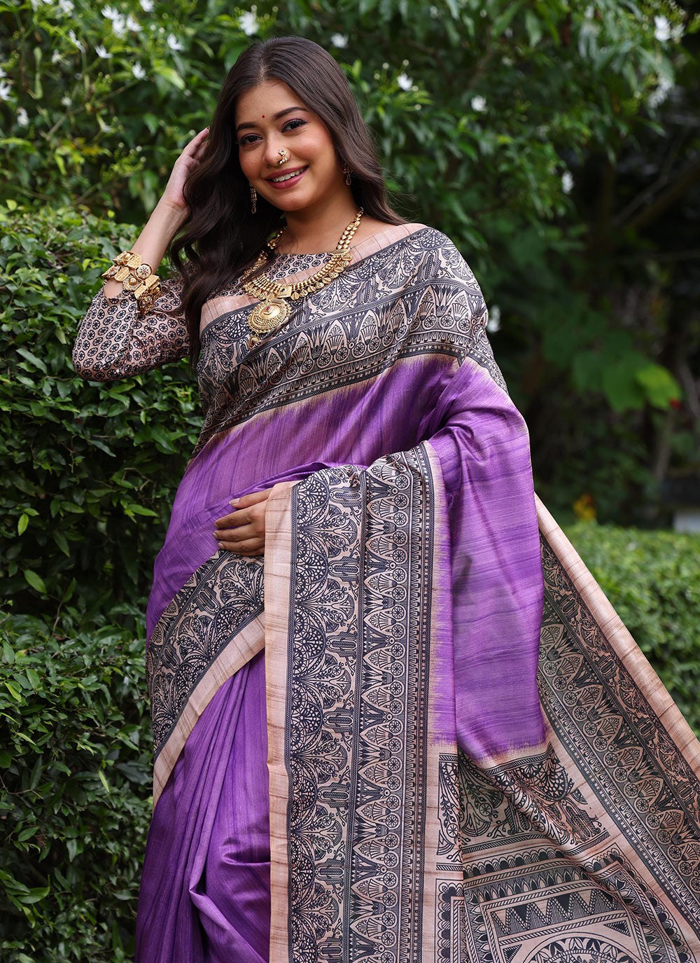 Classic Saree Printed Lavender Tussar Silk Saree S12536