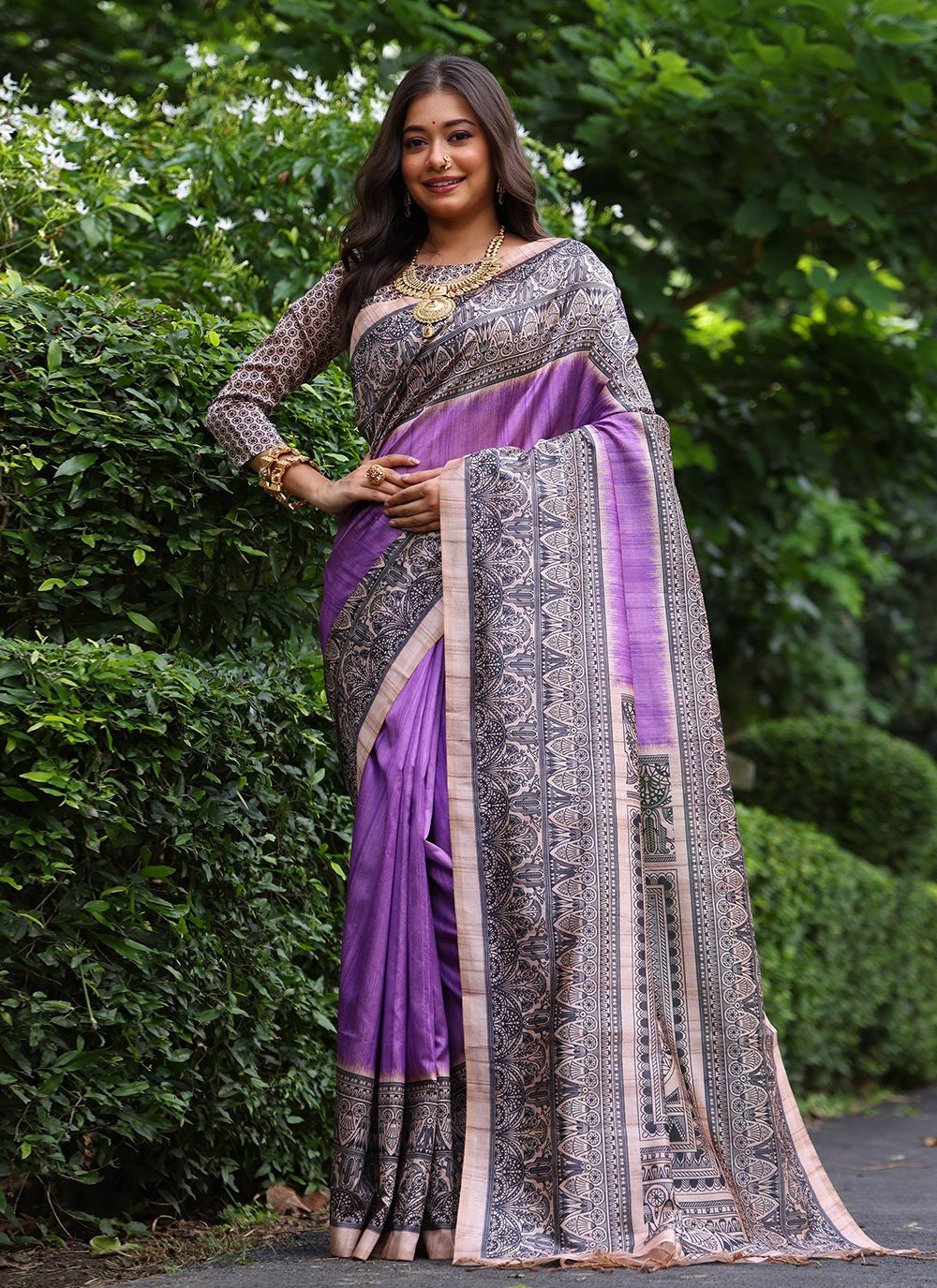 Classic Saree Printed Lavender Tussar Silk S12536