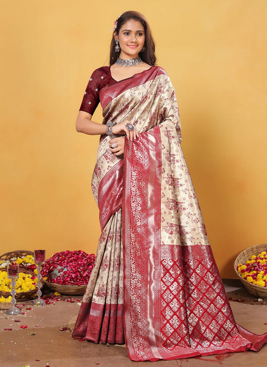Weaving Zari Silk Cream Classic Saree S15380