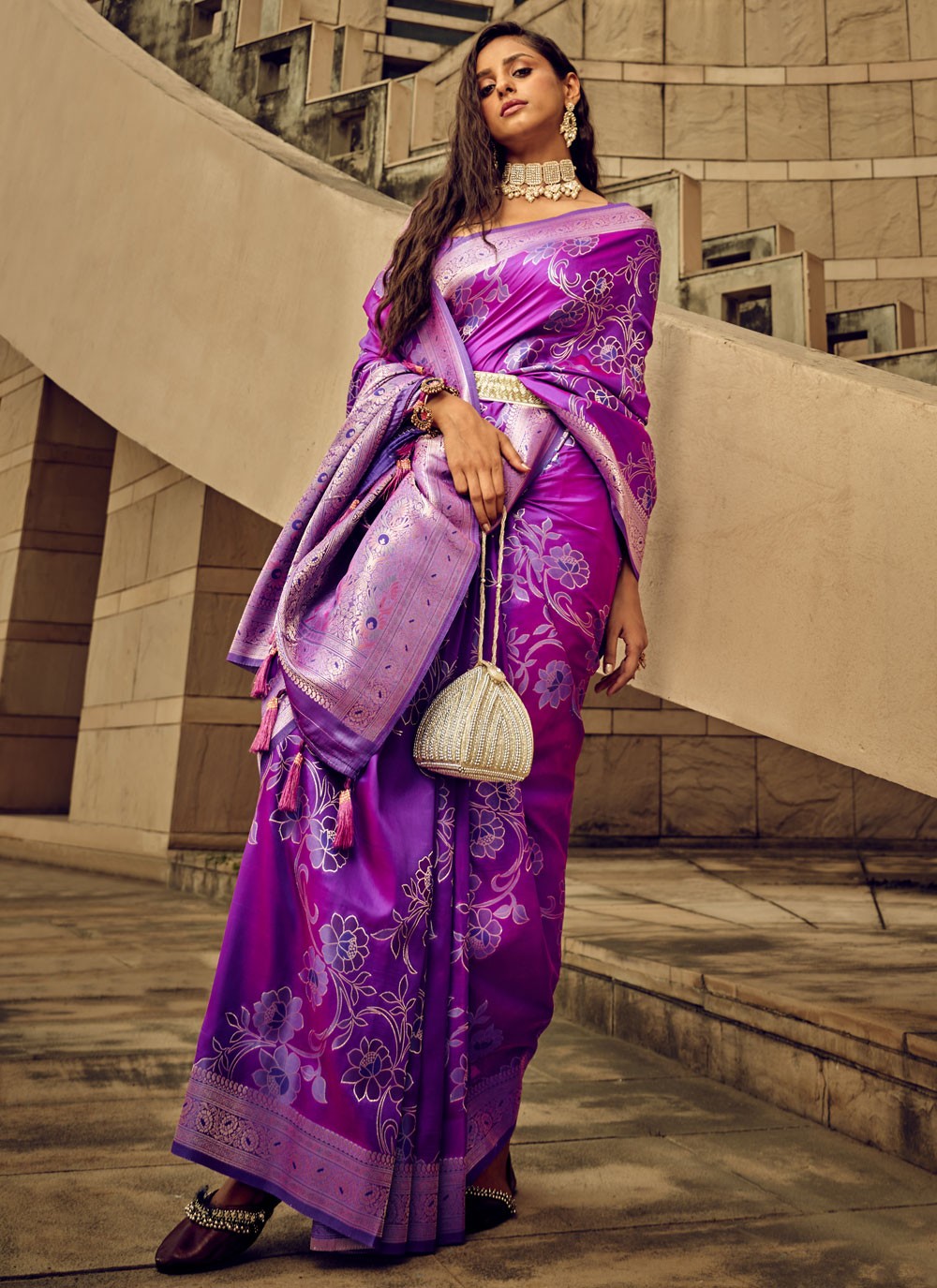 Trendy Digital Print Brasso, Satin Saree - S5589