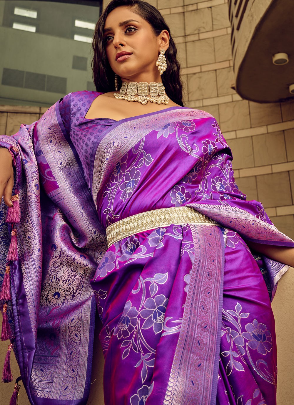 Trendy Digital Print Brasso, Satin Saree - S5589
