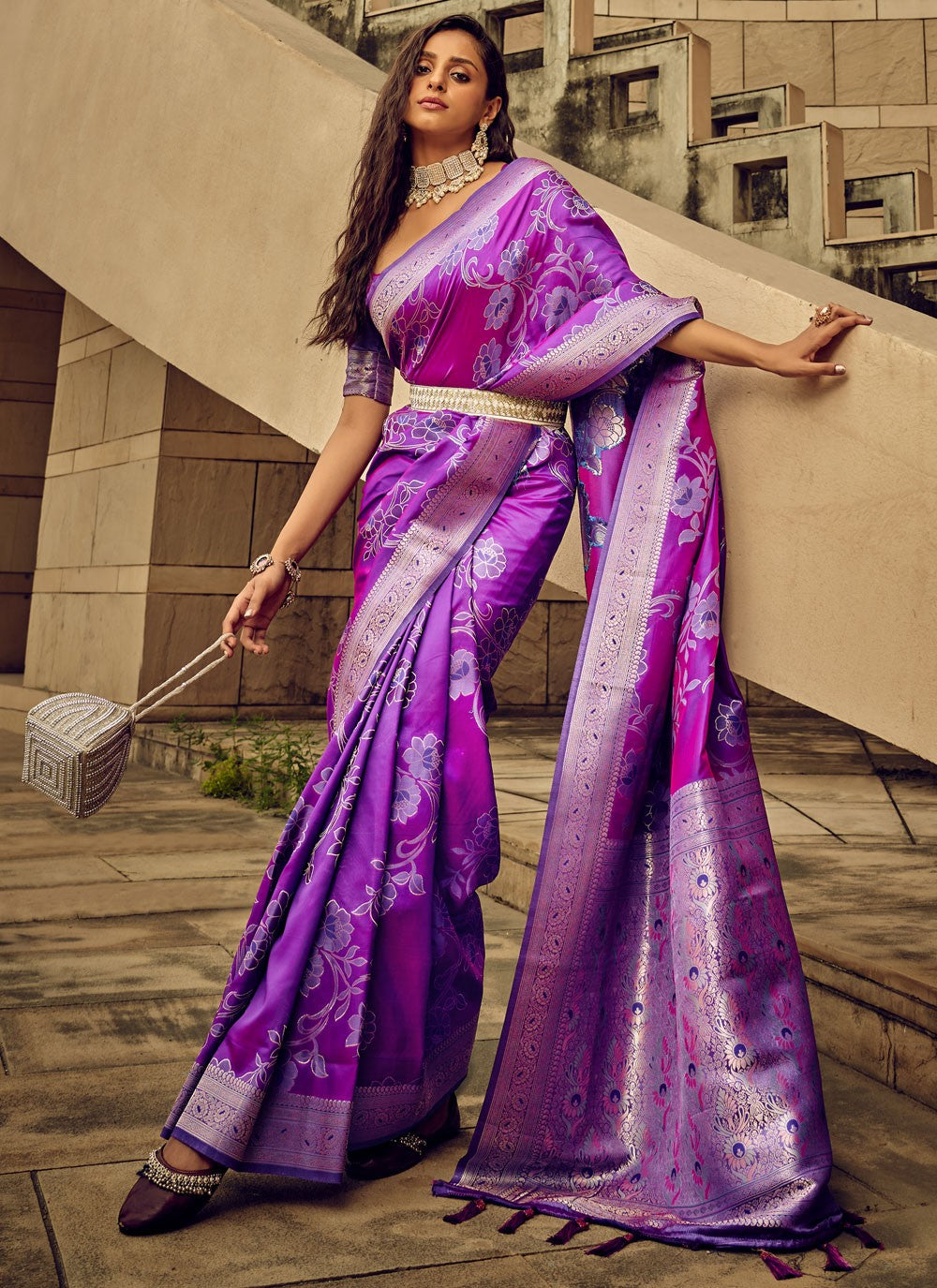 Trendy Digital Print Brasso, Satin Saree - S5589