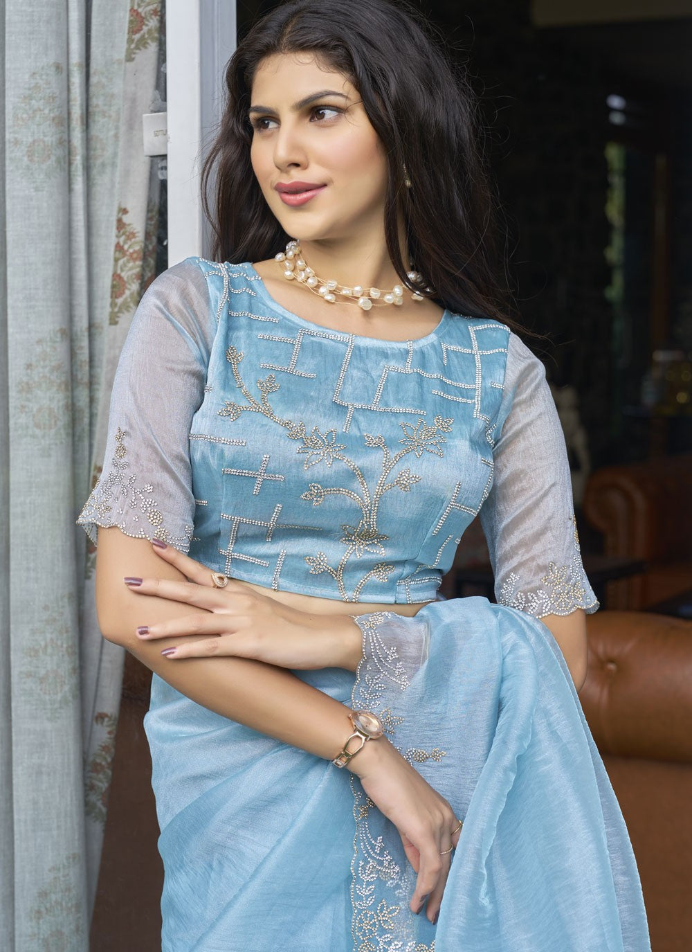 Cutdana, Swarovski Organza Saree - S11641