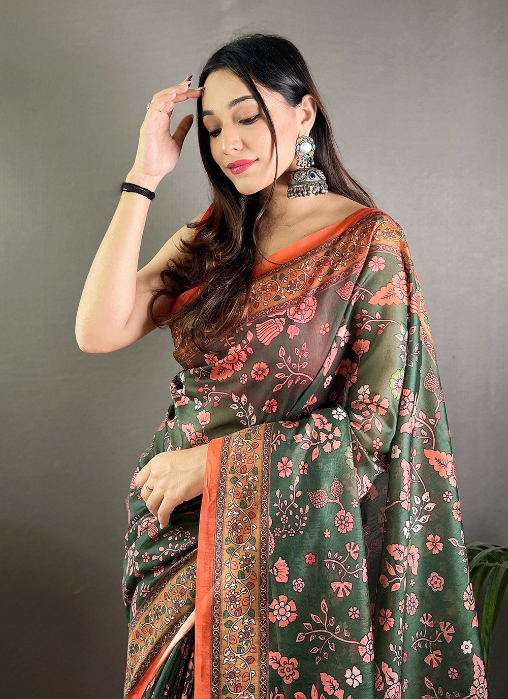 Classic Saree Floral Printed Green Cotton Saree S13681