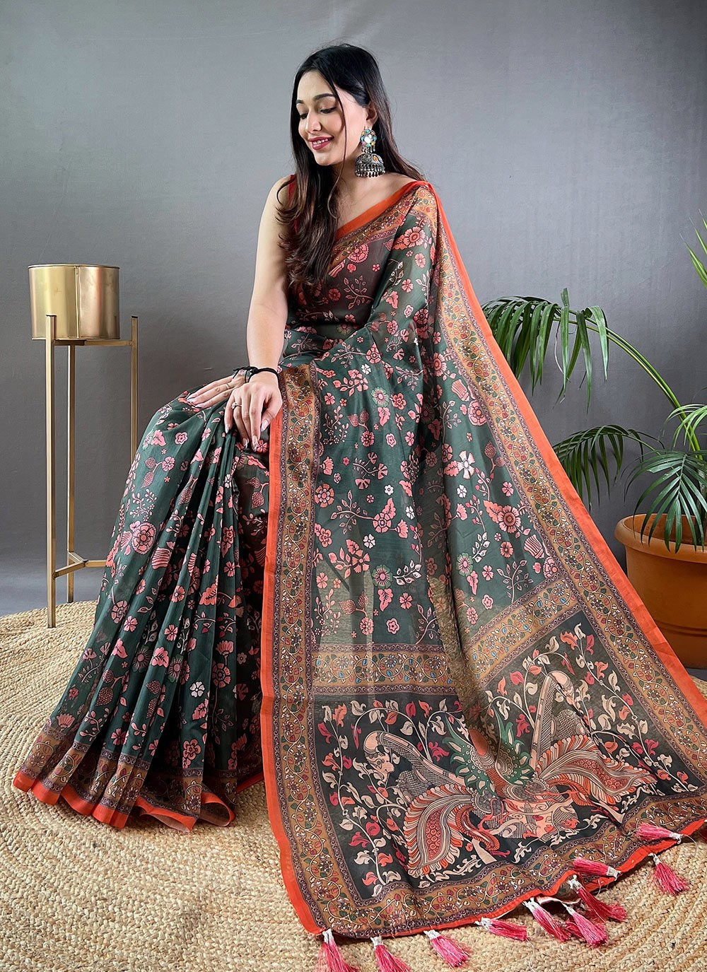 Classic Saree Floral Printed Green Cotton Saree S13681
