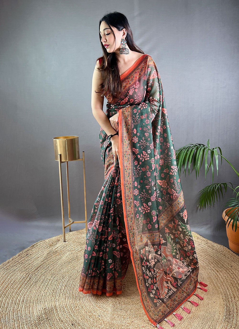 Classic Saree Floral Printed Green Cotton Saree S13681