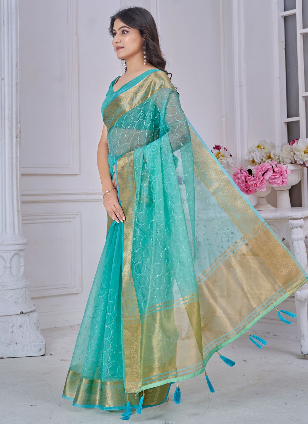 Jacquard Work Jacquard Firozi Classic Saree S14980