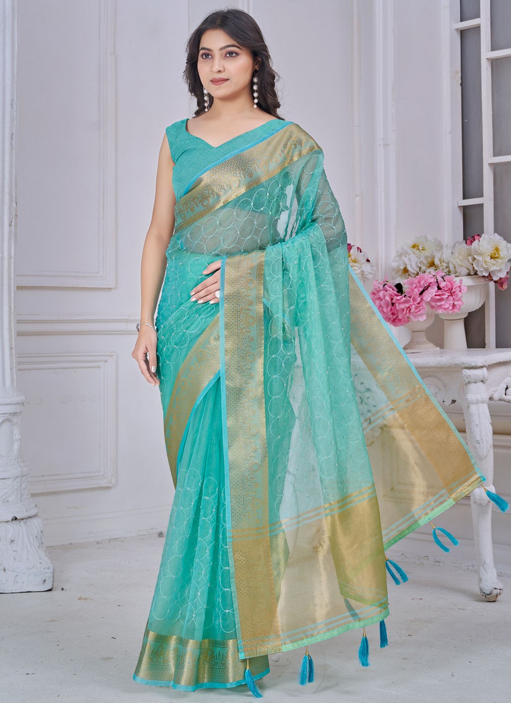 Jacquard Work Jacquard Firozi Classic Saree S14980