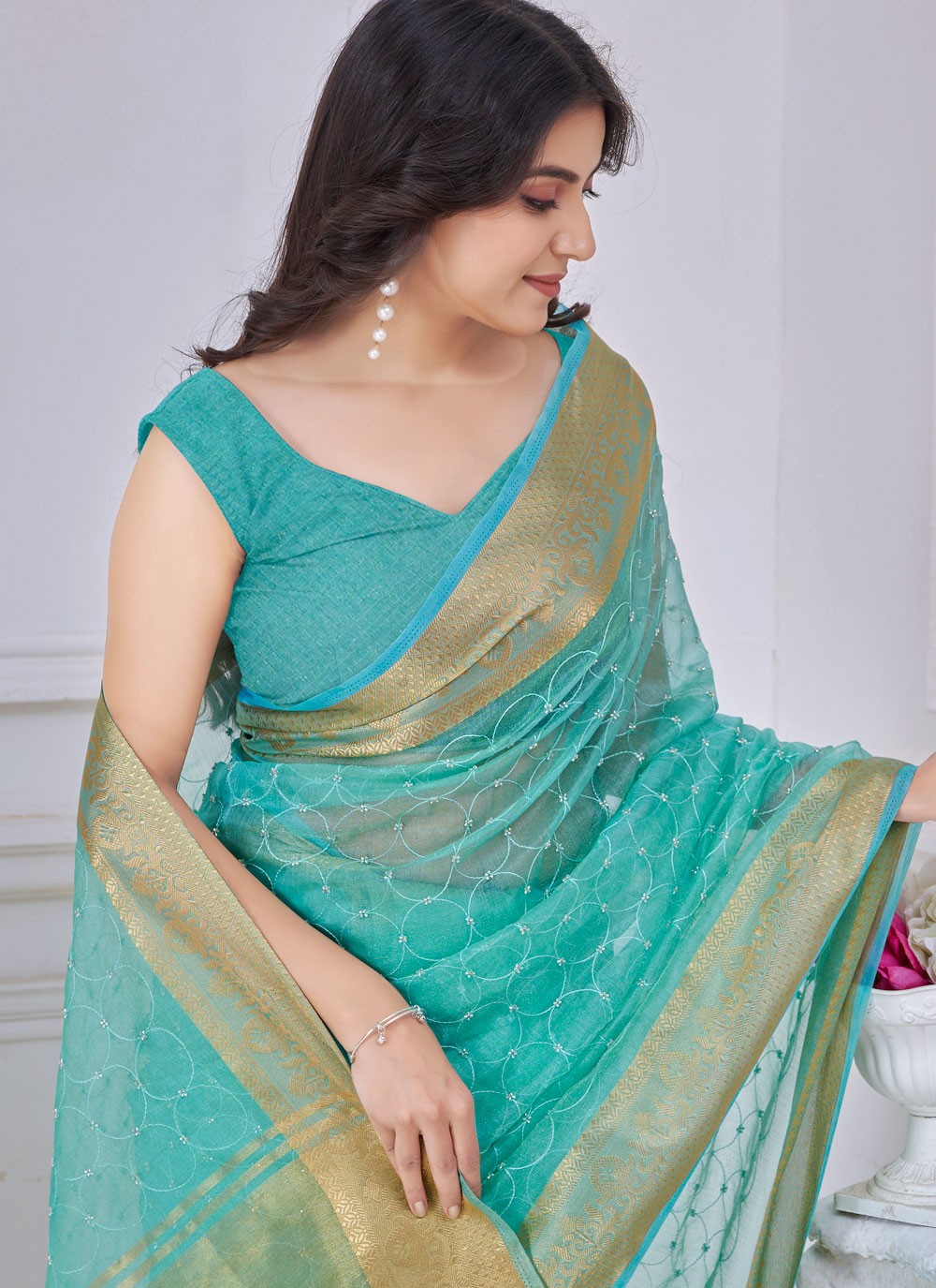 Jacquard Work Jacquard Firozi Classic Saree S14980