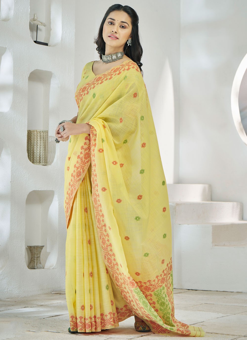 Aari Work Linen Yellow Saree S14136