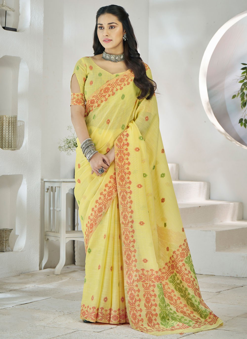 Aari Work Linen Yellow Saree S14136