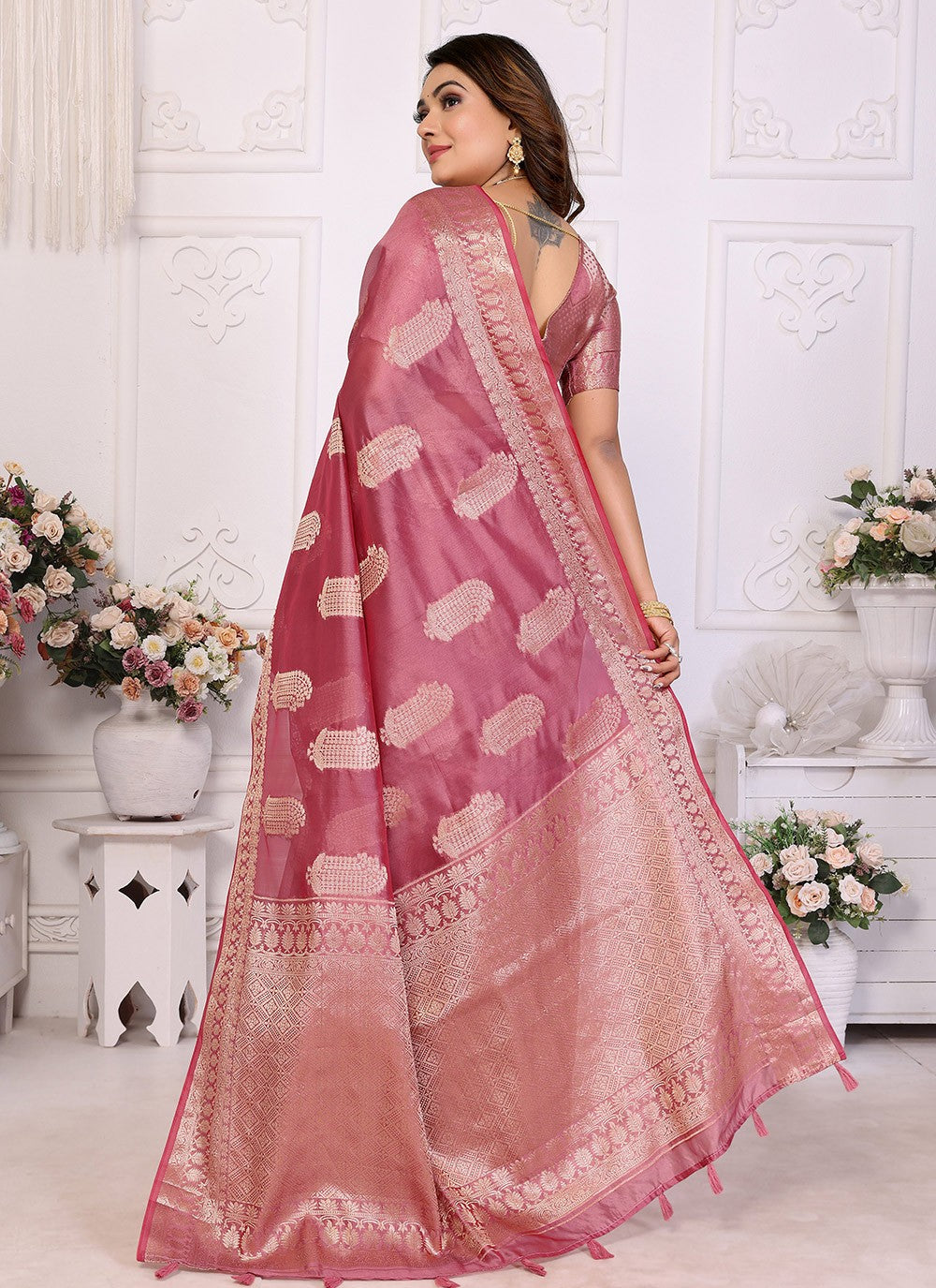 Weaving Zari Silk Pink Saree S14353