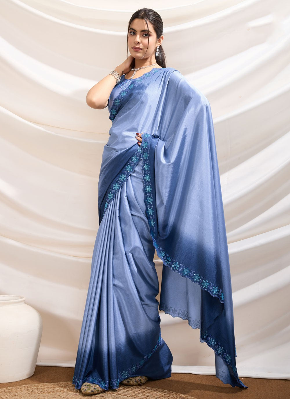 Cut Work Pure Crepe Blue Classic Saree S15168